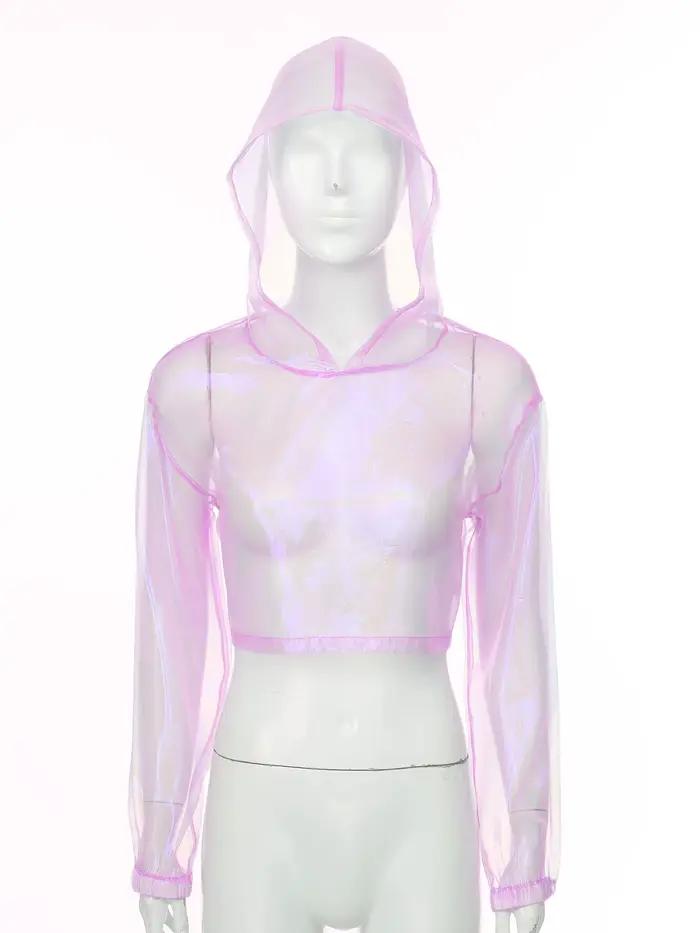 Hauts à capuche transparents scintillants pour femmes, débardeurs à manches longues sexy et club, pour pole dancing, rave party et soirées de fête
