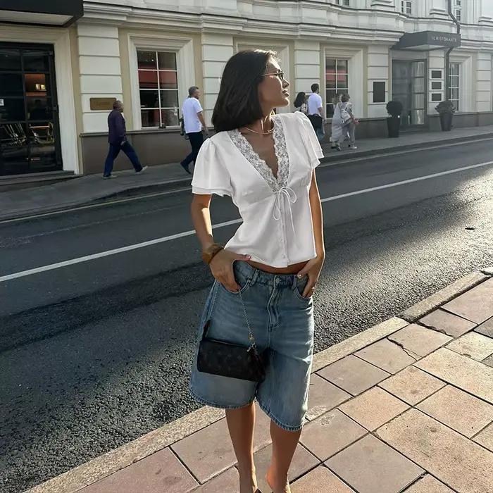 Nouveau T-shirt court chic en satin blanc sexy pour femme