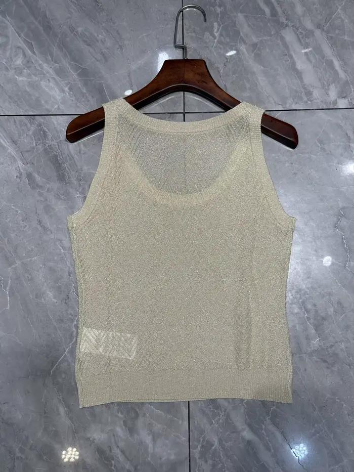 Haut tricoté métallique sans manches à motif chevron pour femme + pantalon à jambes larges à taille élastique