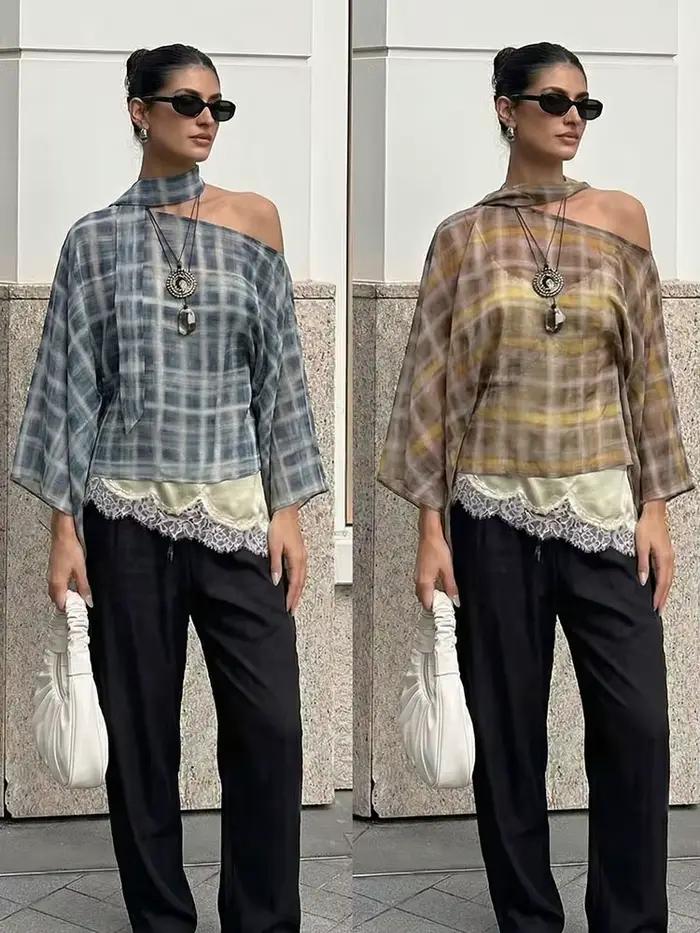 Blouse à col halter en gingham pour femme HH
