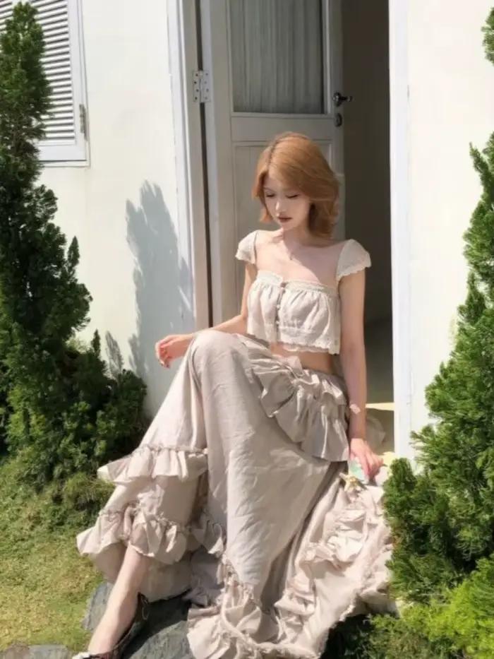 Ensemble 2 pièces chic et élégant pour femme style rétro français Y2K hauts et longues jupes tenue sexy vintage japonaise printemps été 2026