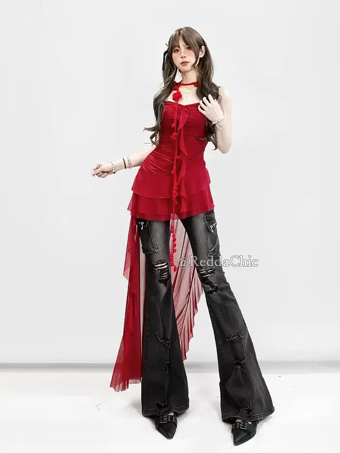 REDDACHiC femmes Camisole avec sentier rouge solide maille extensible irrégulière à volants fluide froncé haut Corset été fête Festival tenue