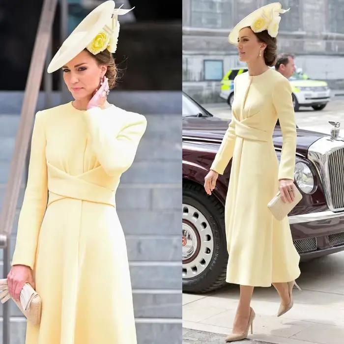 Robe de princesse Kate Middleton, robe jaune à manches longues pour femmes
