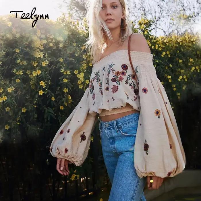 TEELYNN chemisier Boho court 2025 broderie florale sexy épaules nues été haut