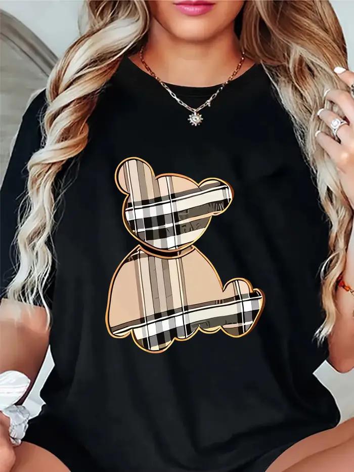 T-Shirt sportif décontracté à rayures imprimé ours pour femmes