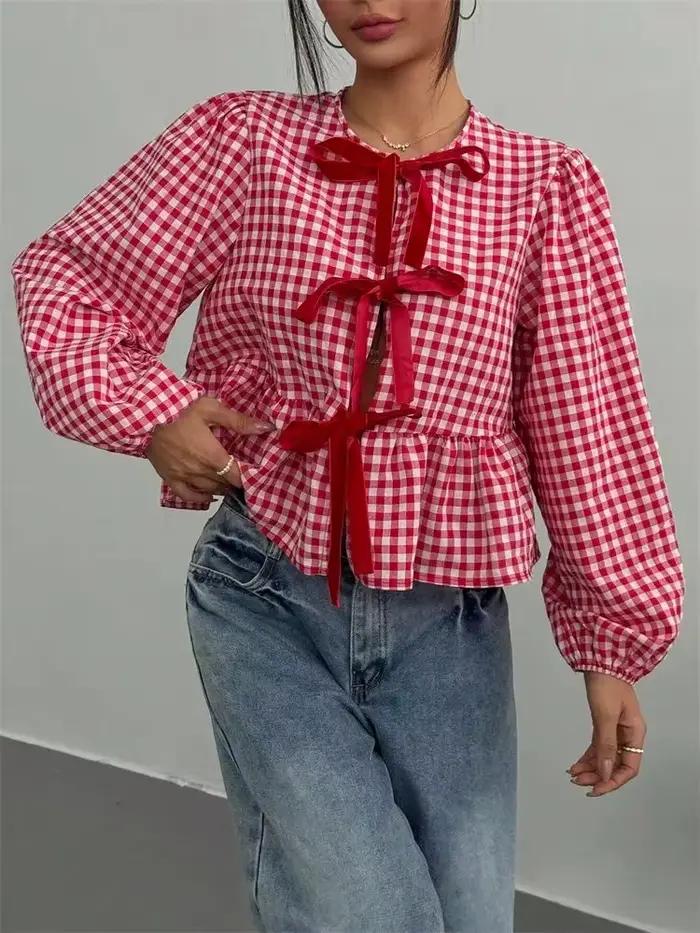 Chemisier lanterne à carreaux polyester et élasthanne pour filles junior style doux col rond printemps automne mousseline ajustement lâche