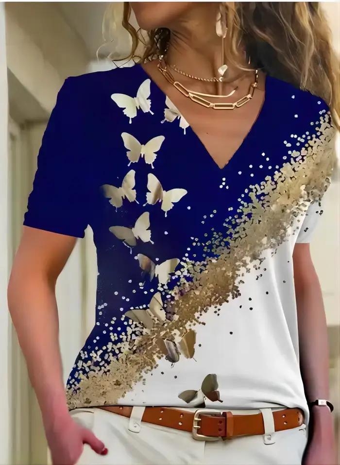T-shirt d'été à manches courtes et col en V pour femmes, imprimé papillon en 3D, haut à la mode pour filles, vêtements pour femmes, polyester, léger, extensible, vichy, ajustement régulier, tricoté, court, sportifs, occasions spéciales