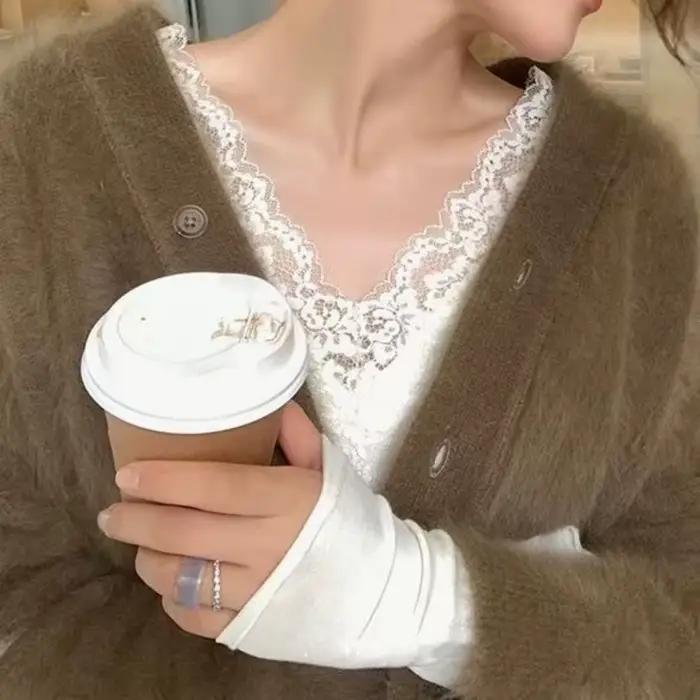 T-shirt en dentelle blanche pour femme style français élégant et décontracté manches longues occasionnels spéciaux