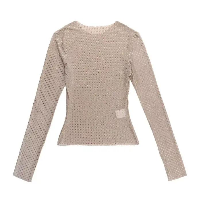 Haut à manches longues patchwork transparent avec strass pour femmes occasions spéciales automne étés