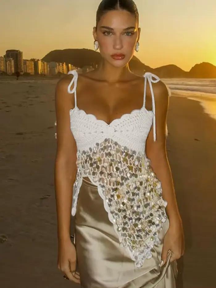 BKQU Débardeurs en crochet Y2K à sequins pour femmes
