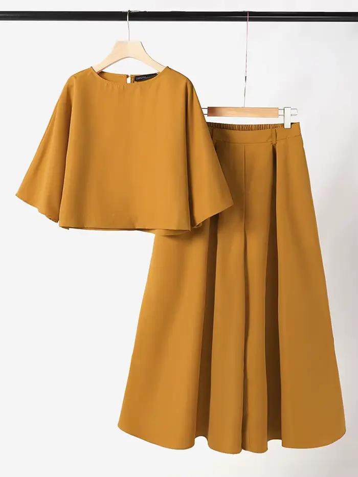 Ensemble blouse 3/4 manches et pantalon à jambes larges ZANZEA en polyester pour femmes, style bohème, adapté pour les parties et les journées estivales