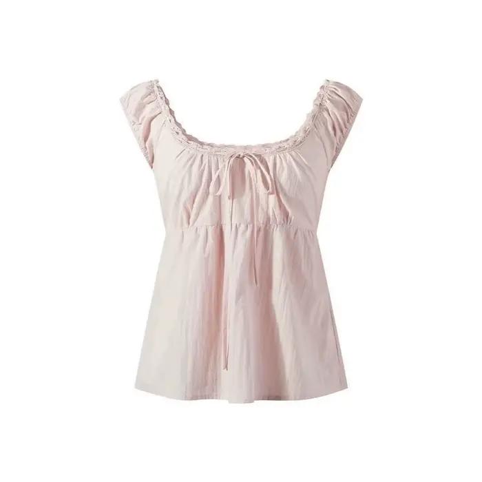 Haut d'été ample rose pour femme à col carré en dentelle à volants