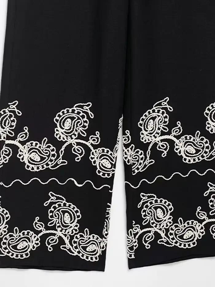 Mode brodé haut pantalon 2 pièces ensemble femmes élégant col rond manches courtes