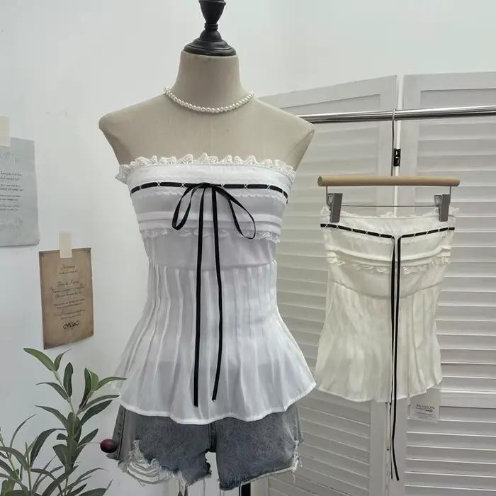 ISAROSE été Blouse hauts pour femmes basique décontracté sans braless couleur unie dos extensible plissé dentelle Camisole avec nœud papillon noir