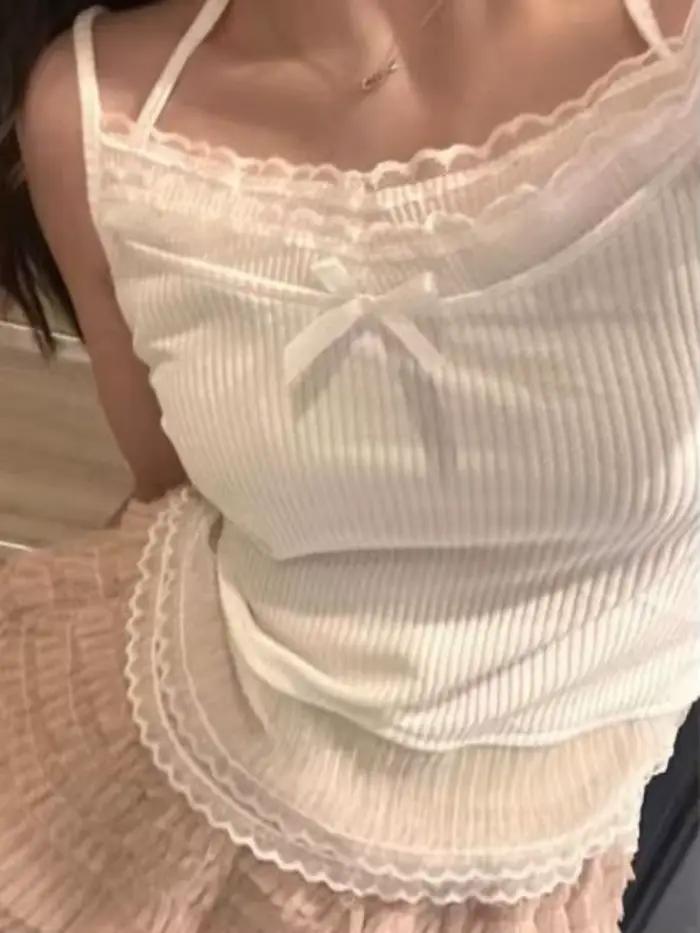 Camis femmes tendre arc Chic mince Sexy filles hauts Kawaii été Style japonais mode doux tout-match vêtements solide intérieur