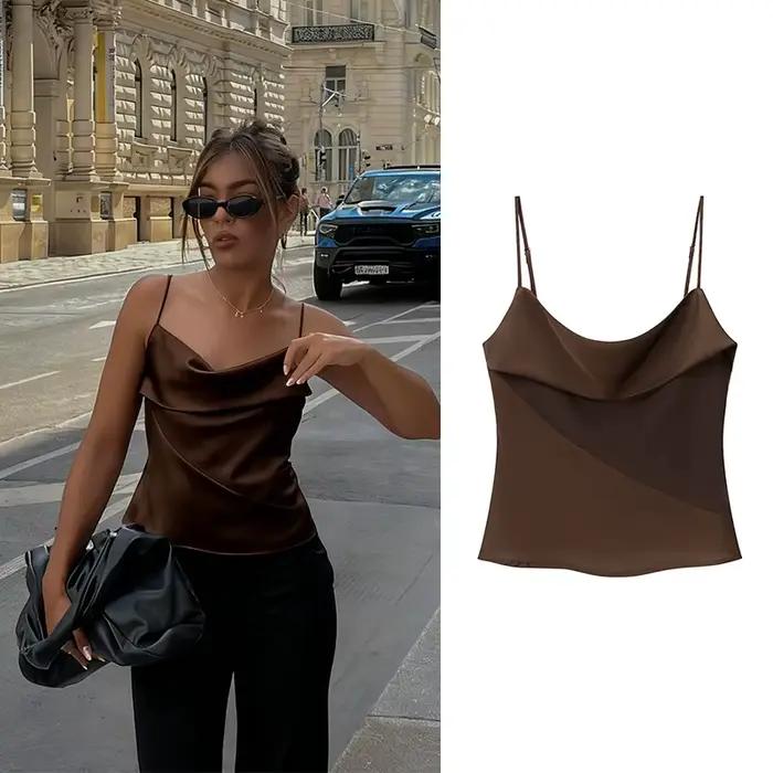 Panneau Satin hauts pour femme marron Y2k sans manches Sexy mode printemps été 2026 élégant café Cami haut débardeurs