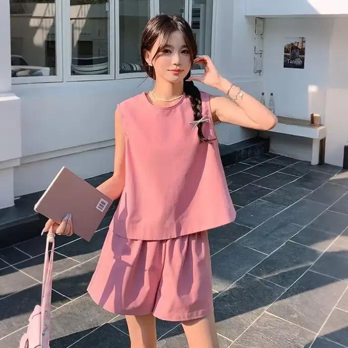 Ensemble décontracté 2 pièces pour femme : débardeur sans manches et short large rose uni