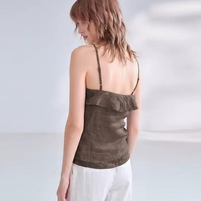 Débardeur Chic 100% Ramie pour Femme avec Volants Asymétriques – Style Décontracté Français