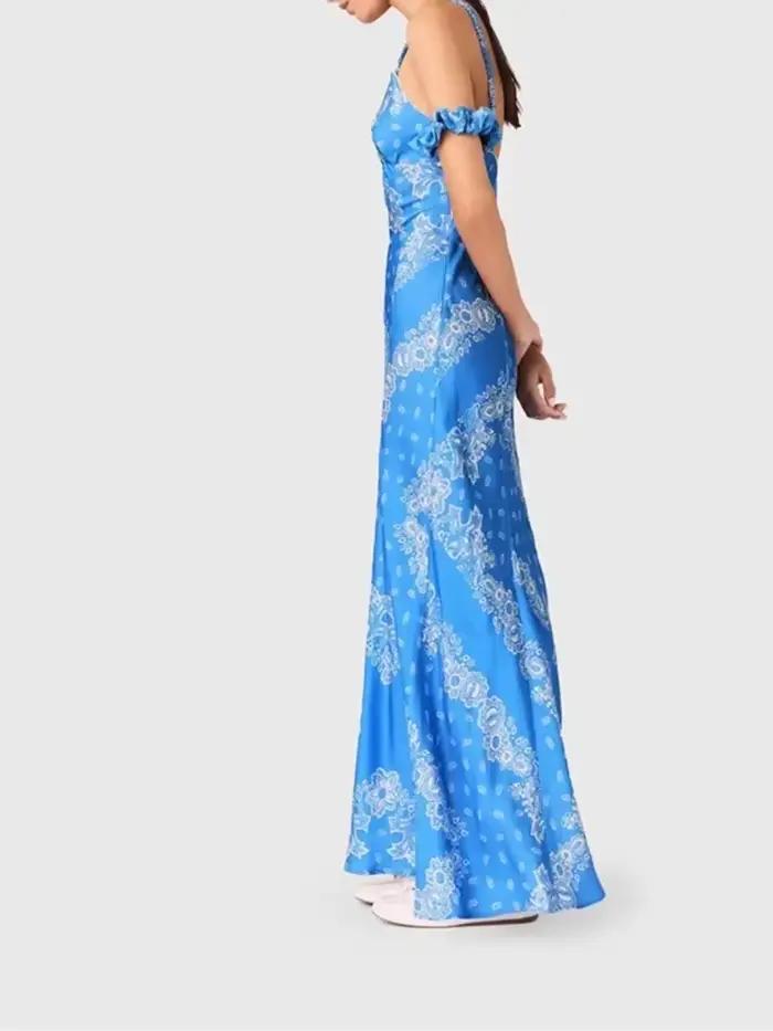 Robe à bretelles imprimée de style ethnique bleu à col en V et taille haute pour femme ou mini-jupe à volants superposés
