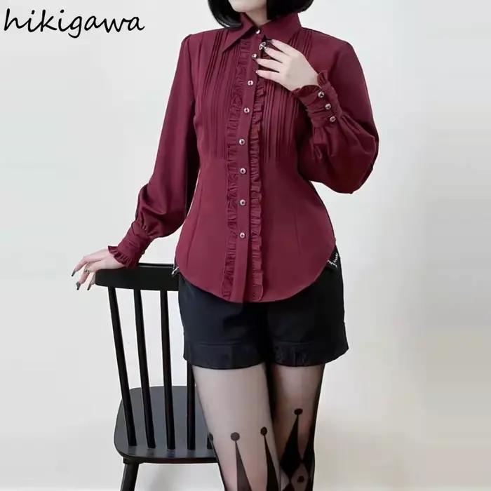 Blouse HIKIGAWA en coton et polyester avec volants, élégante et mince, pour femmes, occasions estivales et romantiques