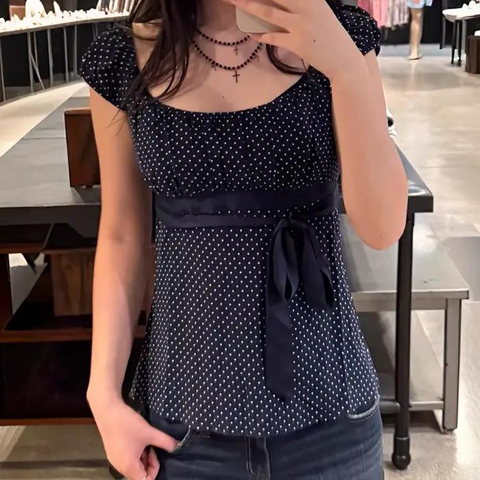 Femmes les plus mignonnes nuisette culture hauts adolescente col carré à manches courtes milkmaid t-shirts Preppy Vintage Y2K esthétique cravate T-shirt