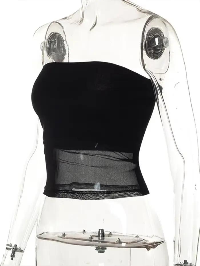 Haut court en patchwork de corset en maille noire pour femmes, bustier tubulaire, sexy sans manches, épaules dénudées, camisole d'été, streetwear, slim, débardeur sans bretelles