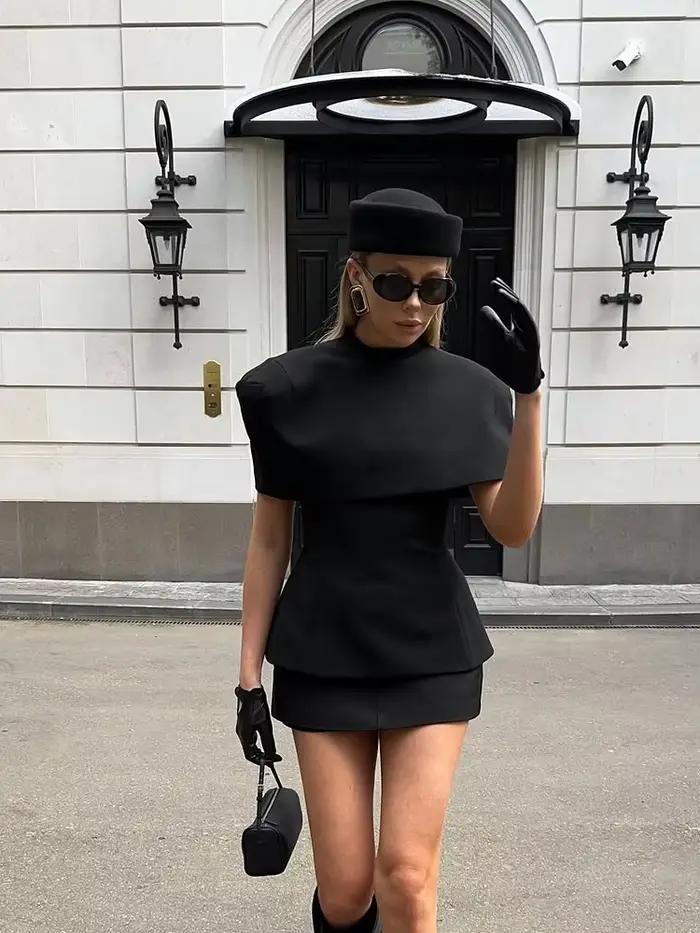 Femmes Chic haut 2 pièces ensemble élégant col montant Cape sans manches mince épaules nues