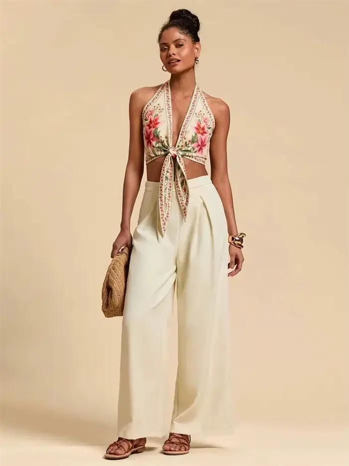 Haut court col licou pour femmes imprimé floral sexy nœud devant débardeurs vêtements été style bohème occasions spéciales junior