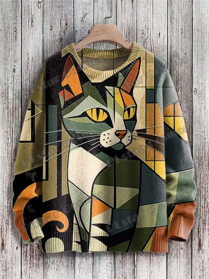 Pull en tricot unisexe avec motif d'art de chat abstrait géométrique mignon imprimé en 3D