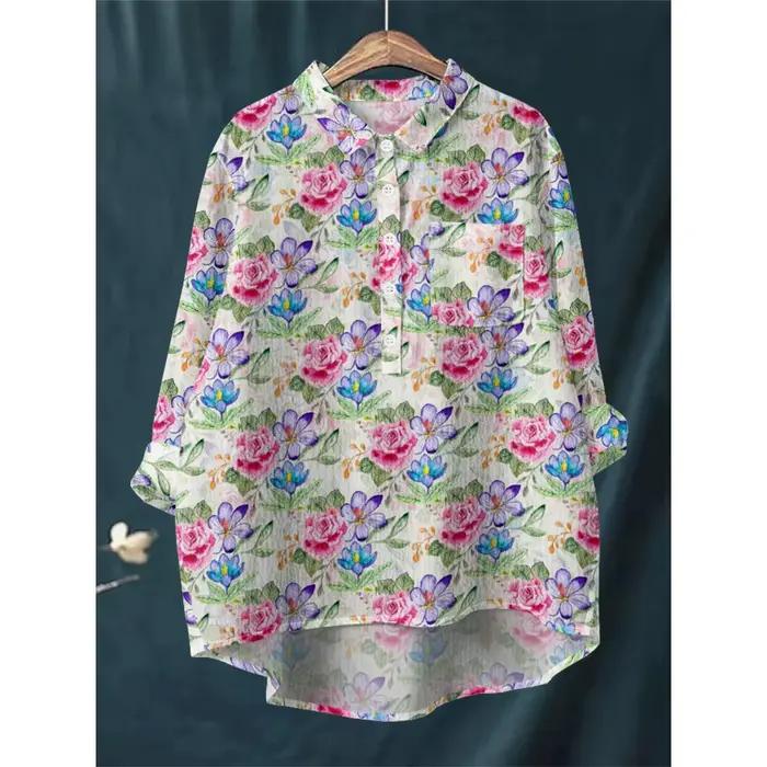 Chemisier Hibiscus Tropical Vintage Floral décontracté chemise pour femme ample à manches longues demi-bouton confortable bulle crêpe matériel haut