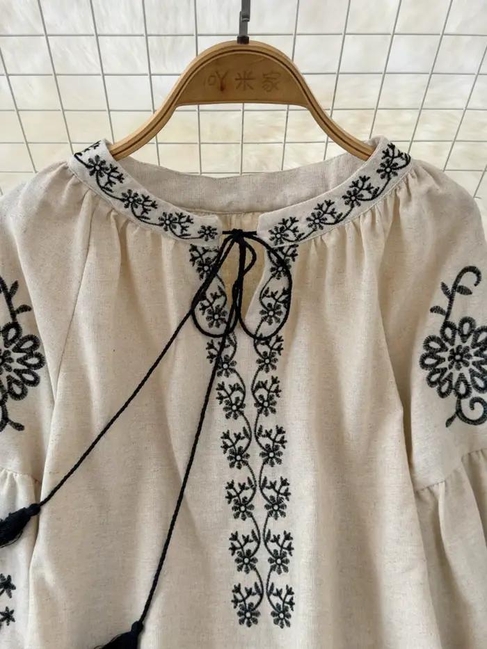 Boho été Blusas De Mujer à lacets col rond manches bouffantes broderie florale femme