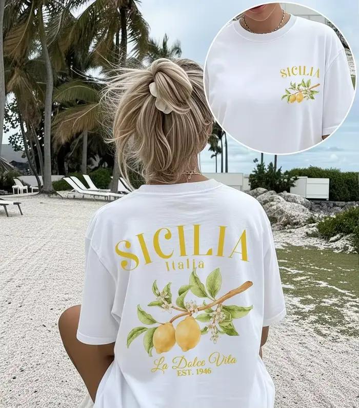 T-shirt imprimé citron La Dolce Vita élégant et décontracté pour femmes juniors occasions spéciales été style italien