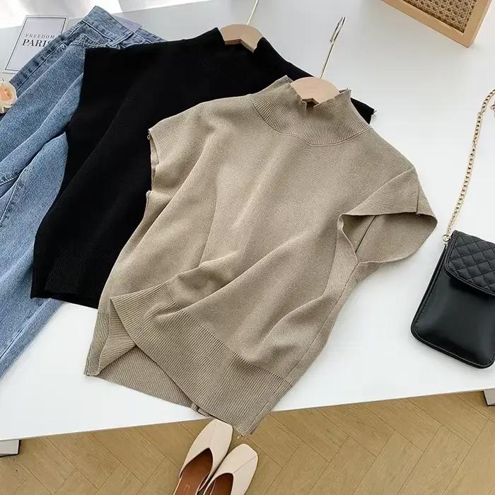 Nouveau pull chemise été solide col montant décontracté tricoté gilet à manches courtes bureau dame ample élégant droit 20397
