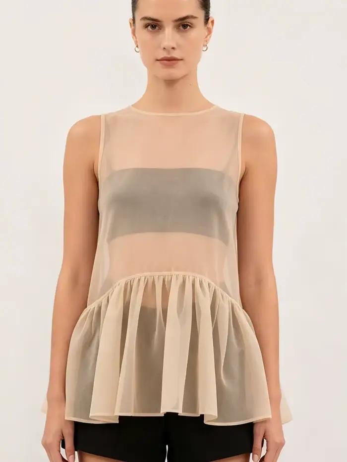 LIMO Sheer Ruffle Hem Tank Top See-Through Sleeveless Blouse Elegant A-Line Transparent Cover
