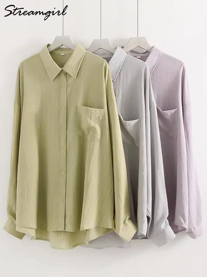 Chemise en lin bleue boutonnée pour femme – Hauts amples de luxe à manches longues pour l'été – Chemises en lin blanc