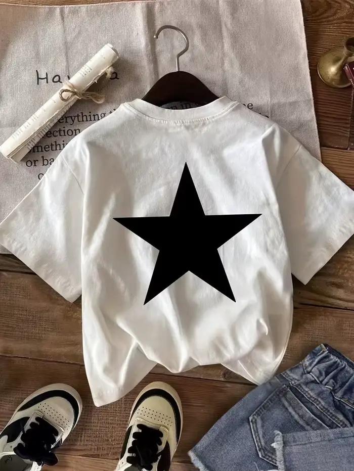 T-shirt Étoiles Noires pour Femme, Imprimé Étoiles, Haut Décontracté Col Rond et Manches Courtes, Usage Quotidien Printemps Été