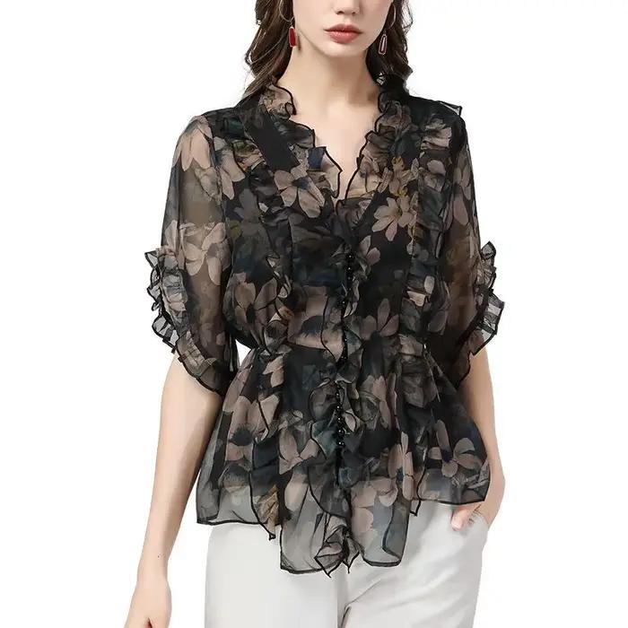 Chemise en mousseline de soie florale pour femmes au printemps et en automne 2025