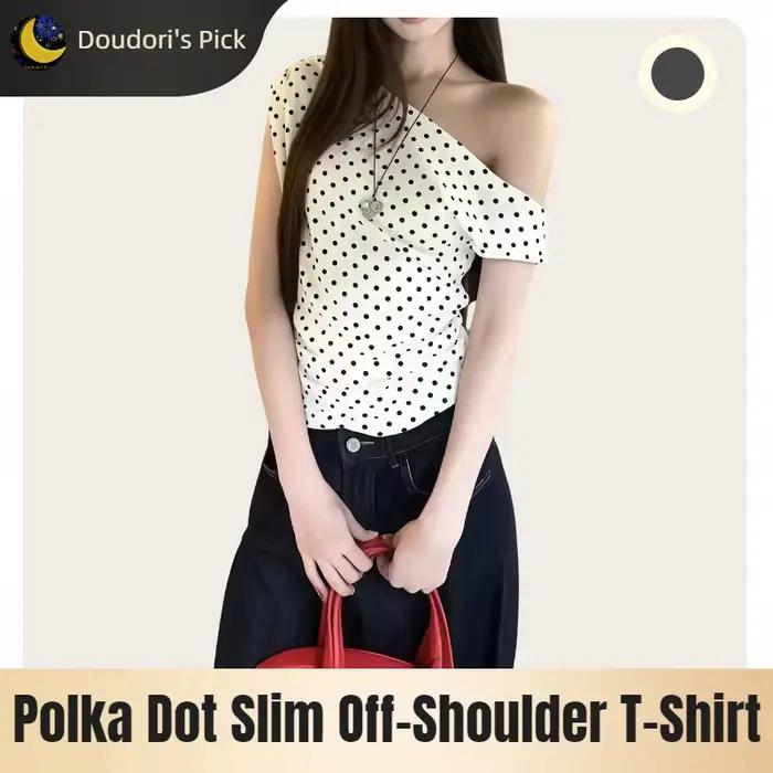 T-shirt d'été style coréen rétro ivoire noir à pois coupe ajustée à manches courtes et épaules dénudées