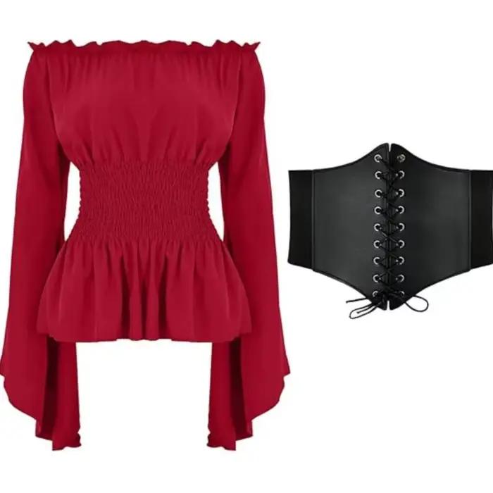 Chemisier Renaissance femme manches évasées cou fendu polyester plis pour événements médiévaux steampunk cosplay haut vintage