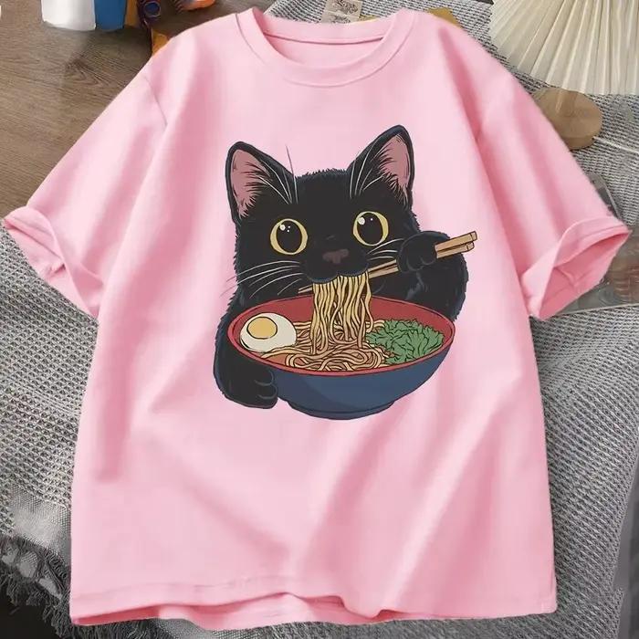 T-shirt japonais Ramen Cat - Haut à manches courtes avec dessin animé mignon exclusivement destiné aux amoureux des