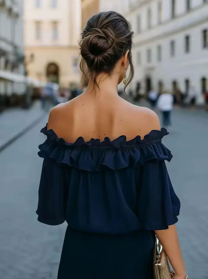 Chemisier à volants épaules dénudées haut décontracté d'été élégant vintage pour femme occasions spéciales bleu marine