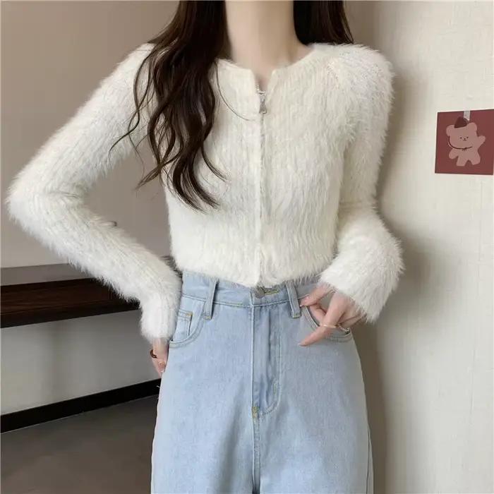 2025 pull court automne et hiver niche design sens taille haute fourrure haut couleur unie épaissi intérieur fond chemise polyvalent