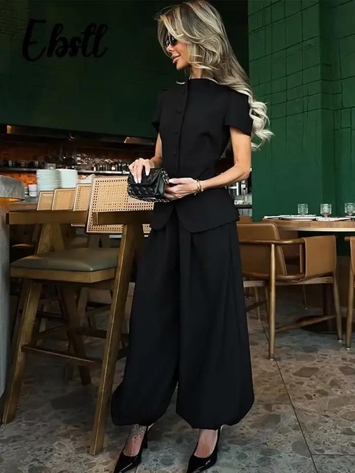 Haut à manches courtes et pantalon ample pour femme, couleur unie, col rond, hauts cintrés à boutonnage simple, pantalon ample coupe lanterne, tenues printemps été