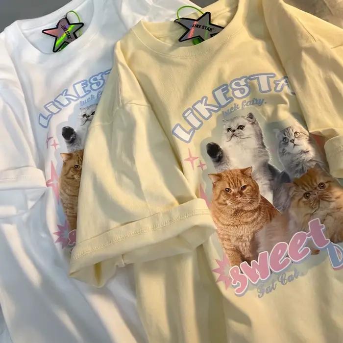 Femmes chat Super mignon T-shirt ample à manches courtes doux grande taille chemise
