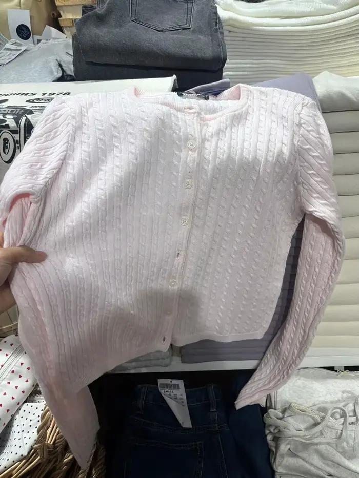 Twist fleur bébé rose pull Cardigan femme automne col rond simple boutonnage à manches longues haut court coton doux mignon tricots hauts