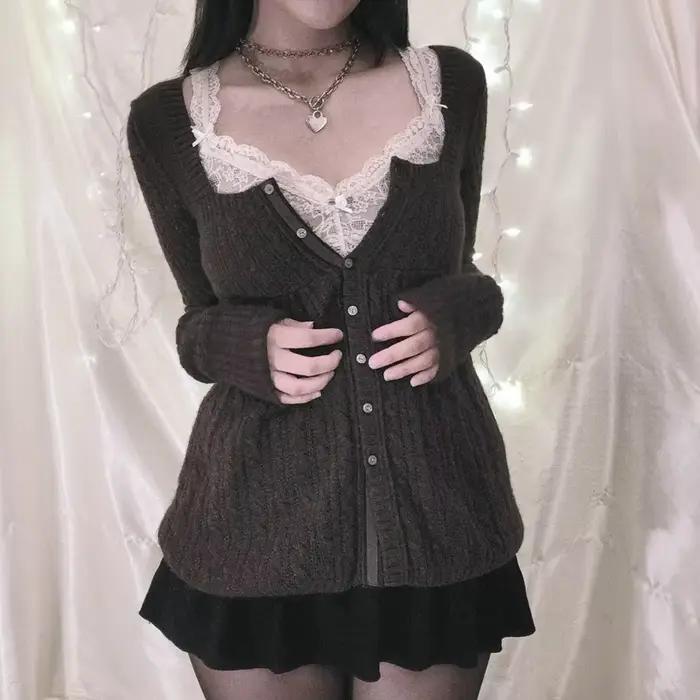 Coquette Grunge Y2K 00s Vintage pull simple boutonnage à manches longues Cardigan 00s esthétique Kawaii tricots T-shirt femmes vêtements