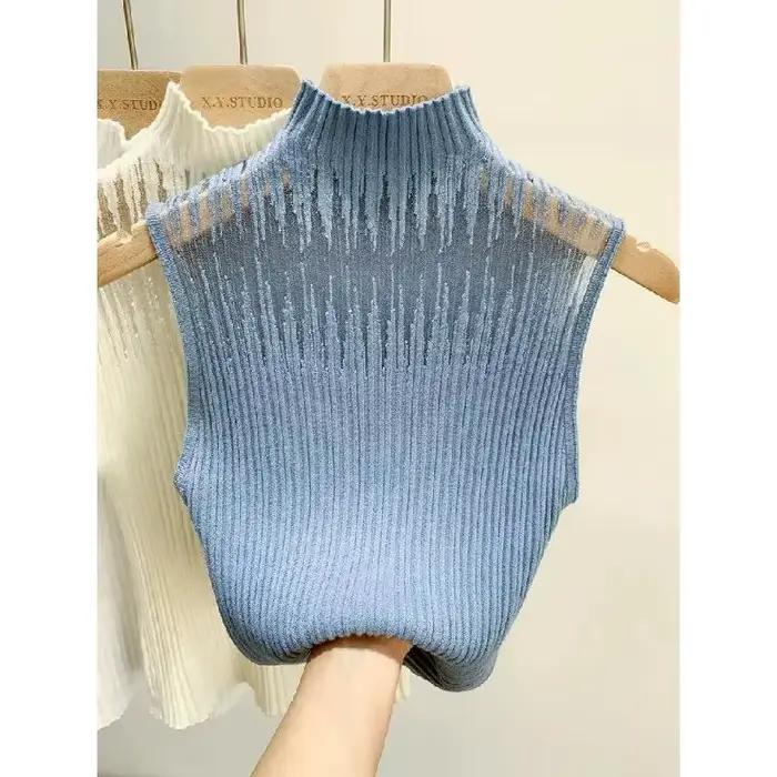 Débardeur en gaze ajouré, col roulé, élégant, sans manches, Slim, tricot, solide, Chic, Corset, bustier tubulaire pour femmes