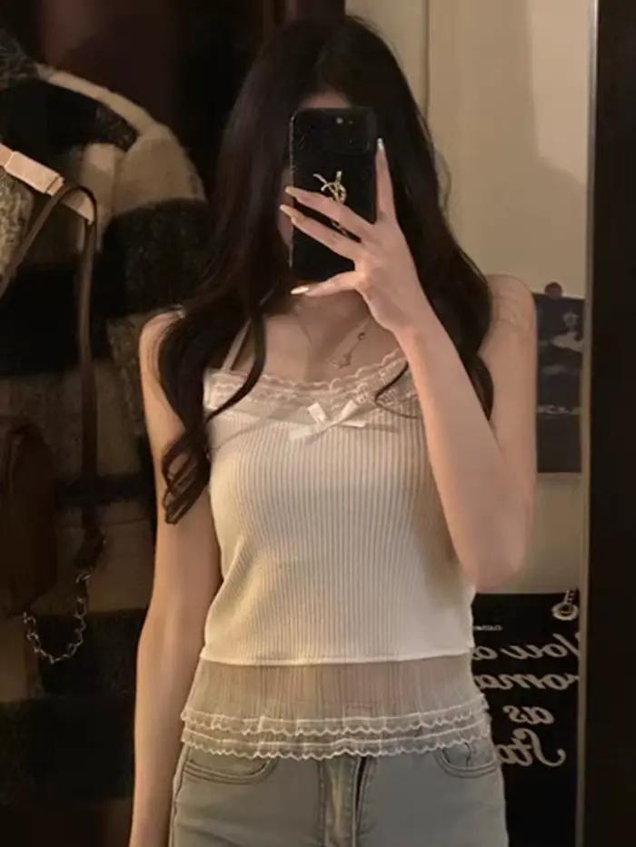 Camis femmes tendre arc Chic mince Sexy filles hauts Kawaii été Style japonais mode doux tout-match vêtements solide intérieur