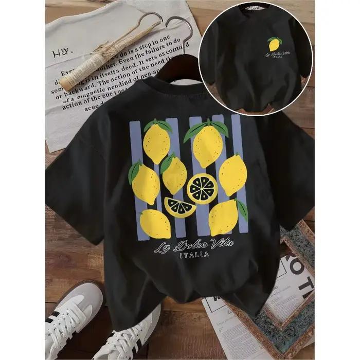 T-shirt La Dolce Vita à motif de citron amusant, rayures violettes, style italien, neutre, Harajuku, ample, à manches courtes, haut d'été pour femme occasions spéciales
