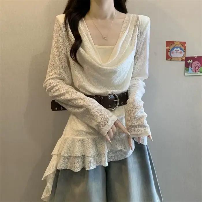 T-shirt élégant à manches longues et col en dentelle pour femme